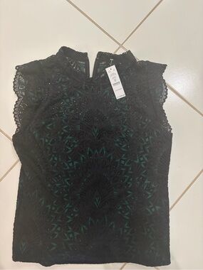 White House Black Market Black Lace Overlay Shell with Teal Underlay